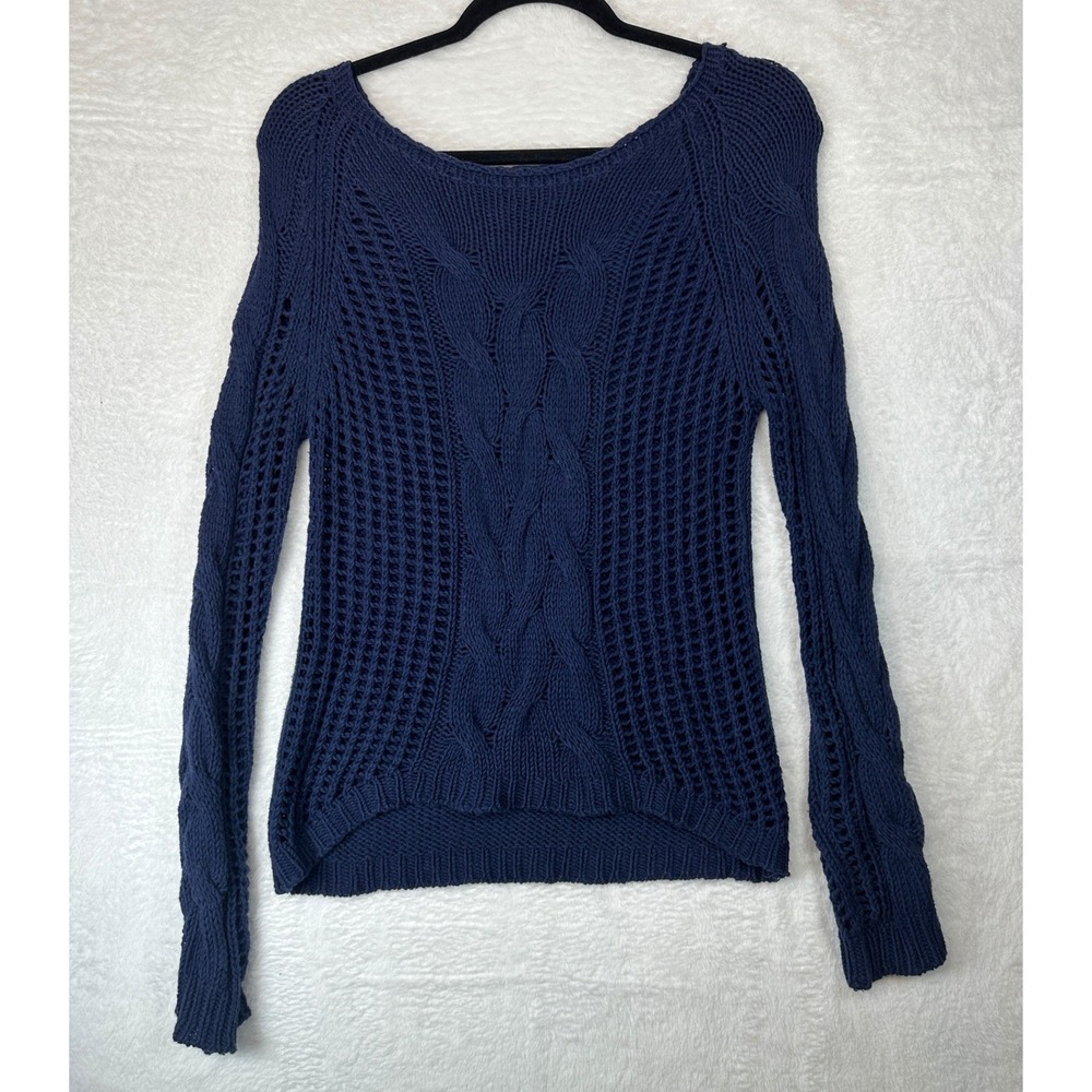 Wet Seal Sweater Womens Small Navy Blue Y2K Open Knit Cable Detail Long Sleeve